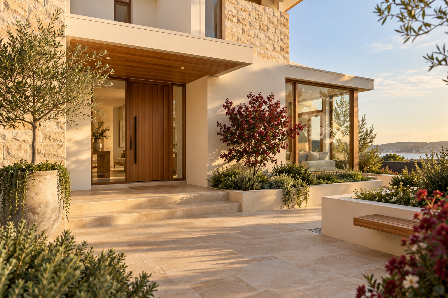 Illustration of a contemporary home and courtyard in warm sunlight